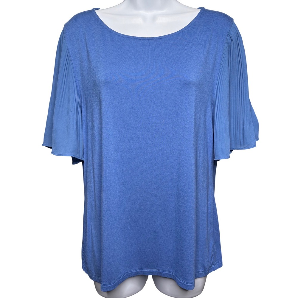 TALBOTS Womens Blue Pleated Flutter Sleeve Top M Stretch Office Casual Drapey